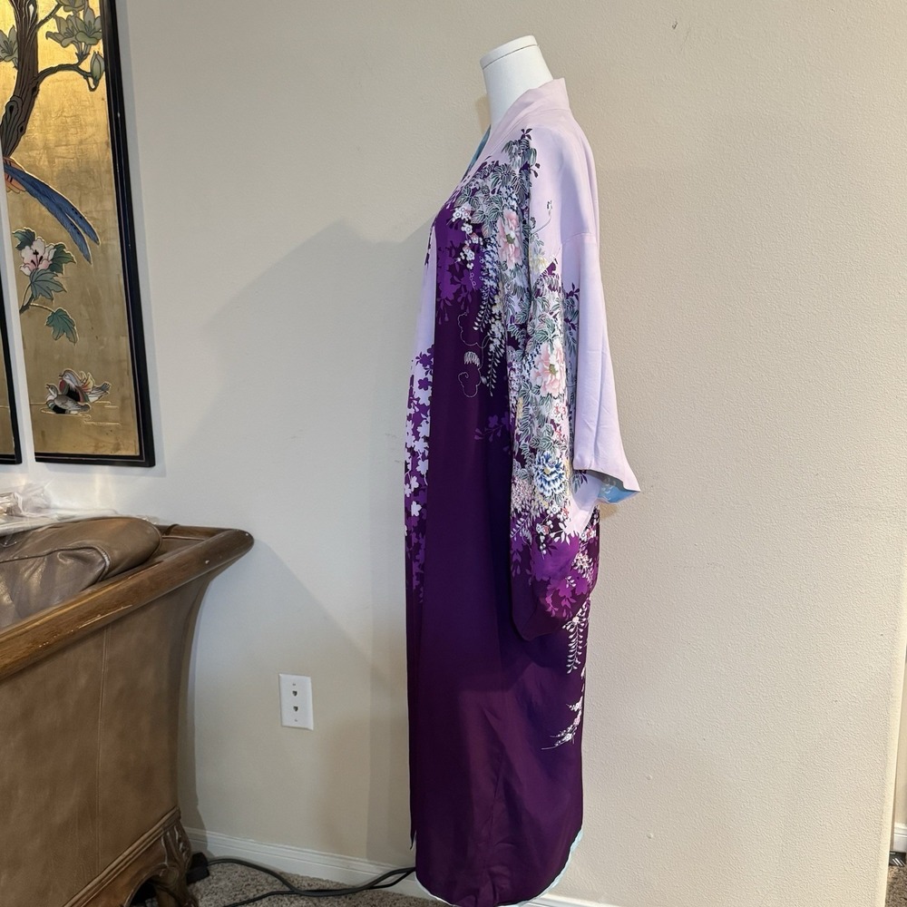 Vintage Reversible Japanese Rayon Kimono Robe Purple Floral Made Japan 1930s - Picture 15 of 16